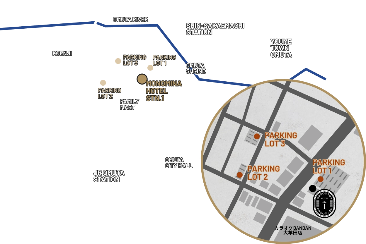 ホテルMonominaの地図。周辺の駅や観光地、駐車場などを示しています。