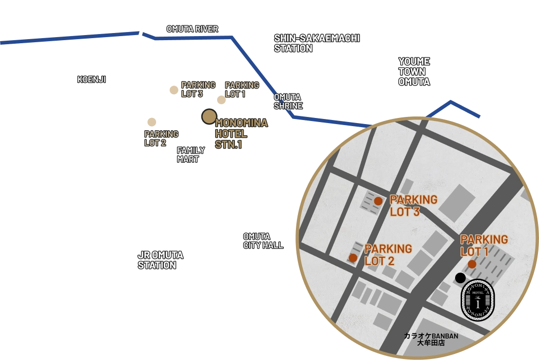 Map to MONOMINA HOTEL stn.1 that shown the surrouding sightseeing spots, train stations and parking lots.